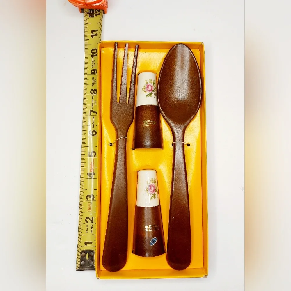 Vintage Mid Century Wood Salad Serving Set w/ Salt & Pepper Shakers Floral Ceram